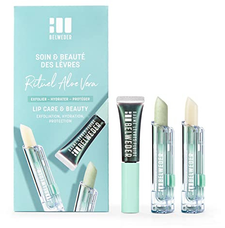 BELWEDER - Lippenpflege Set - 2 Lippenpflegestift Peeling und Pflegebalsam + 1 Regenerierender und Schützender Fluidbalsam - Pflegeset Damen