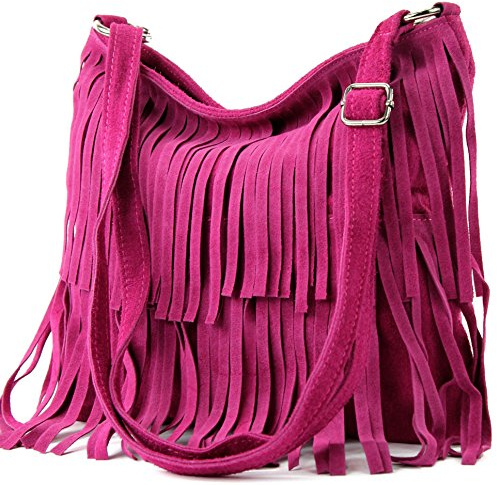 modamoda de T125 Damen Wildleder Fransen Schultertasche Umhängetasche, handmade in Italy