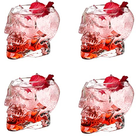 URMAGIC 4 Pcs Skull Wine Glasses, 75ml Skull Whiskey Shot Glasses, Skeleton Shape Clear Glass Cups, Halloween Drinkware