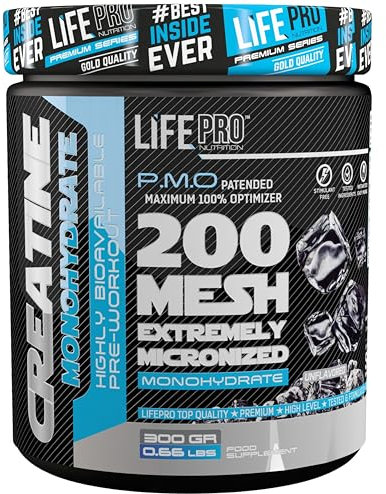 Life Pro Creatina Monohidratada 200 Mesh Micronizada 300g, Creatina en Polvo Micronizada con 99.9% de Pureza, Aumenta Resistencia y Fuerza, Absorción Rápida para Entrenamiento y Rendimiento Deportivo
