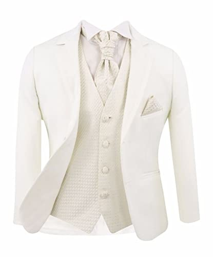 Boys Page Boy Communion White Suit with Gold or Ivory Waistcoat Shirt Cravat Tailored Fit 6 Piece Confirmation Christening Wedding Set