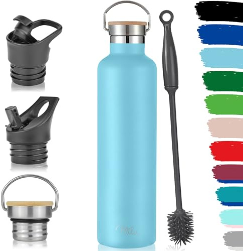 Milu Edelstahl Trinkflasche 350ml 500ml 750ml 1000ml (+3 Deckel) - Thermosflasche mit Strohhalm, Isolierte Wasserflasche, Auslaufsichere Isolierflasche doppelwandig (Himmelblau, 1000ml)