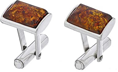 Herren Manschettenknöpfe Lombok aus Silber mit Bernstein, Moderne Form, Natürlicher Bernstein in Cognacfarbe, Geschenkset