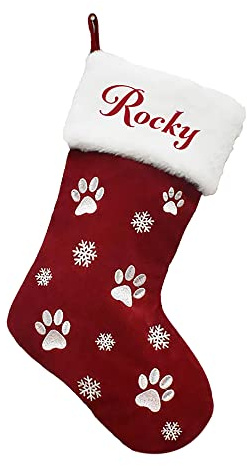 Jinlinjew Personalisierte Weihnachtsstrümpfe mit bestickter Hundepfote, Schneeflocke, benutzerdefinierter Name, Weihnachtsmann, Plüsch, Kunstpelz, Strumpf, Heimdekoration für den Familienurlaub