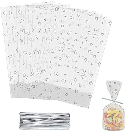 100 stycken genomskinliga cellofanpåsar stora 25 x 15 cm godis presentpåsar med 100 färgglada slipsar lämpliga genomskinliga påsar för sötsaker chokladbröd (B-25 x 15 cm – 100 st)