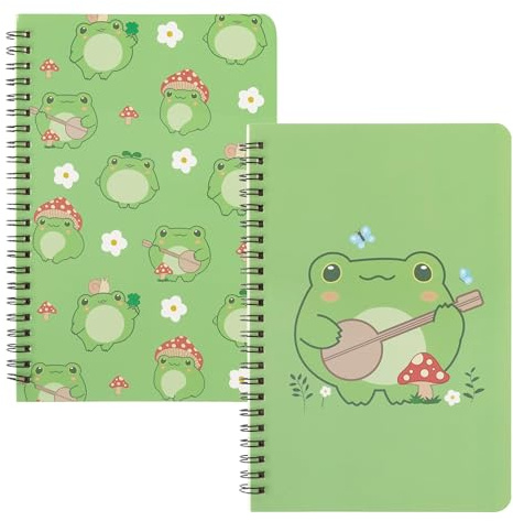 L1rabe 2 A5 Frog Spiral Notebooks Cute Frog Playing Banjo Mushroom College Ruled Hardbound Notebooks, Travel Journal Diary Notepad for Kids Teens, Christmas New Year Gifts for Students Teachers