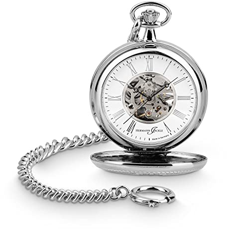 Hermann Jäckle Herren Taschenuhr Wien Silberfarben Skelett 50 mm | Made in Germany, Skelett-Design, Handaufzugswerk, beidseitig offen, inklusive Kette und Reiseetui