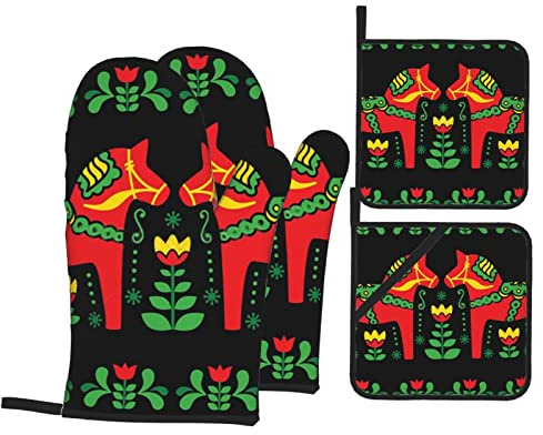 321 4Pcs Oven Mitt And Pot Holder Flower Swedish Dala Horses Microwave Mitts Reusable Oven Glove Washable Oven Gloves For Oven, Grilling, Cooking