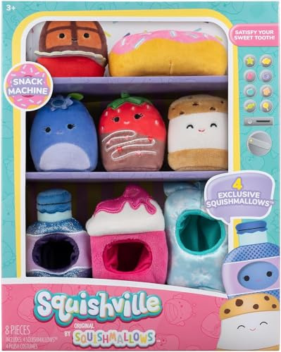 Squishville SQM0551 - Snackautomat, Vier 5cm Mini-Squishmallows Plüschfiguren und Vier Zubehörteile im Snackautomat