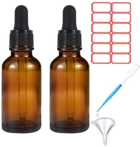 TUAKIMCE 2 x 30ml Amber Glass Dropper Bottles, Amber Brown Glass Bottles with Dropper Pipettes, Small Sample Refillable Bottles
