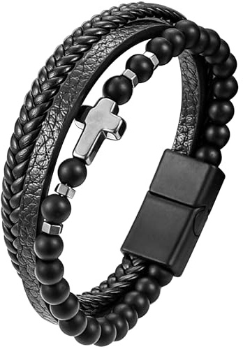 JUZICHEN 21cm Armband Männer, Lederarmband Herren, Rosenkranz Armband Kreuz, Herrenarmbänder Armband Herren Schwarz Braun, Bracelet Men Armbänder Schmuck Geschenke Für Herren Jungen Männer (E)