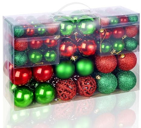 Weihnachtskugel Set,100 Stück Rot Grün Klassische Christbaumkugeln Plastik Weihnachtskugeln Ornamente mit Aufhänger,Bruchsichere Weihnachtsbaumschmuck für Hängende Homedeko Weihnachtsdeko,∅ 3/4/6CM