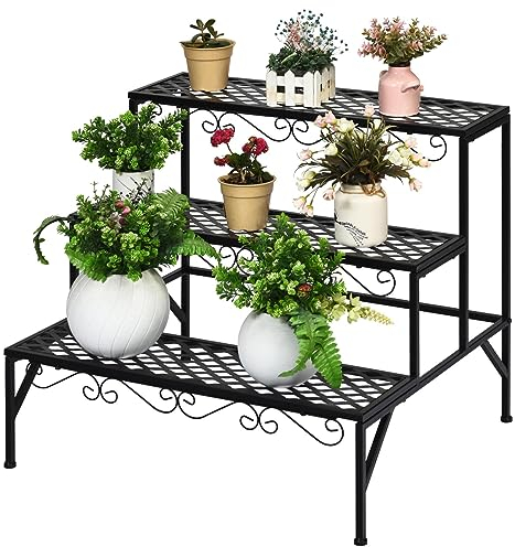 TANGZON 3 Tier Metal Plant Stand, Ladder Shelf Flower Pot Holder, Indoor Outdoor Plant Flower Display Rack for Living Room Balcony Garden Patio, 70 x 60 x 60 cm, Straight Base
