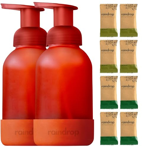 Raindrop Sustainable Hand Soap Starter Pack, 2x Reusable Foaming Glass Dispenser Bottles and 8x Eco-friendly Hand Wash Refill Tablets and, Multipack, for Kitchen and Bathroom (Redfrost)