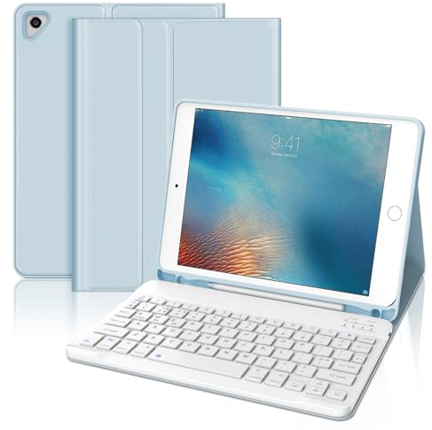 Wireless Bluetooth Keyboard Case for iPad 9.7 - Slim Protective Cover with Pencil Holder for 6th/5th Gen, Air 2/1, Pro 9.7 inch, Sky Blue