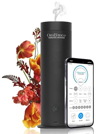 Ombiance - Difusor de Aromas y Aceites Esenciales Profesional | Controlado por Aplicación | Humidificador y Purificador Aire | Absorbe Olores | Regalo Ideal, Negro, 300m3, Aluminio