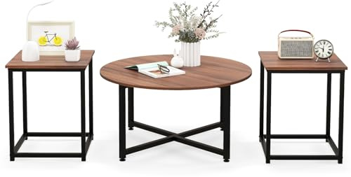 Multigot Set of 3 Coffee Tables, 3-Piece Cocktail Center Table End Tables with Heavy-duty Metal Frame, Modern Accent Sofa Side Table Set for Living Room Bedroom Office (Walnut + Black)