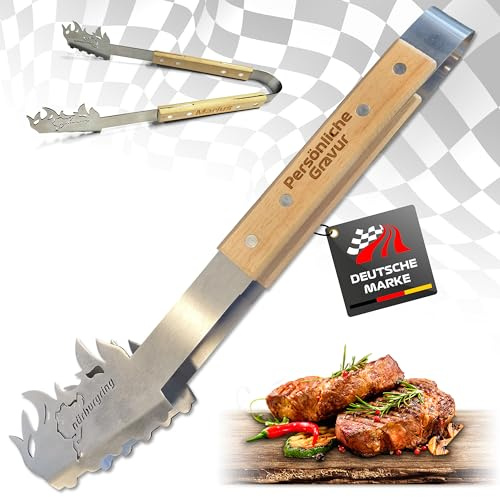 Nürburgring Grillzange, BBQ Edelstahl, Grillzange Holz, Grillzange lang, Ideal für Grillliebhaber, Robust und Langlebig, Küchenzange Perfekt für jeden Grillabend (Mit Persönlicher Gravur)