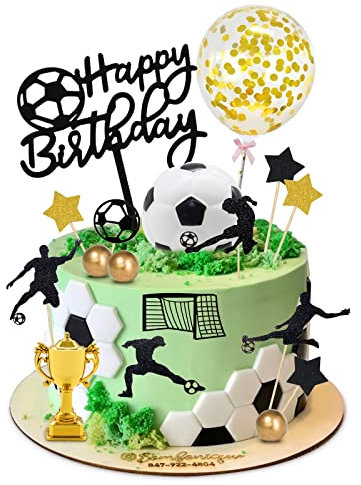 Morofme Football Cake Toppers 29Pcs, Football Cake Decorations with Sparkling Happy Birthday Cake Topper, 3D Football, Gold Trophy, Soccer Player Figur for Birthday, Sport Theme Party Suppplies