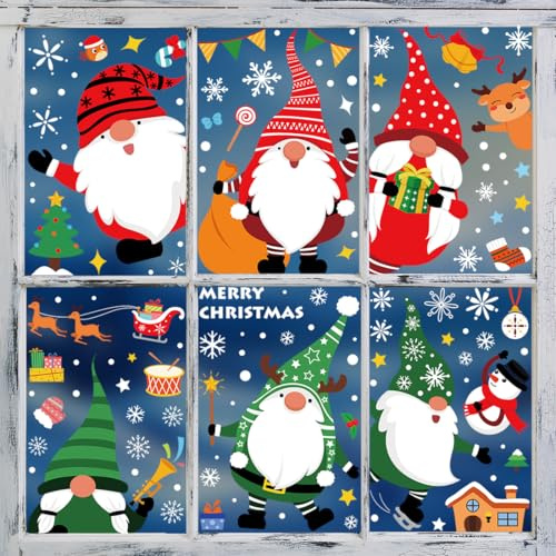 Autocollant Noël Fenêtre, Decoration Noel Interieur Maison Stickers Gnome Noël Fenetre Réutilisable Amovible pour Magasin Vitre Vitrine Porte, Grand Coloré Autocollants Hiver Flocon de Neige Sticker