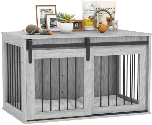 PawHut Dog Crate Furniture for Large Breeds 98 x 58 x 61cm Grey | Large Dog Cage, Barn Door, End Side Table Pet Kennel, Removable Cushion, Indoor Use