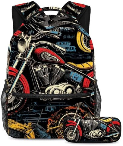 Rüsten Sie Ihre Schulutensilien mit dem vielseitigen 2-teiligen Schultaschen-Set auf, Retro-Motorrad, Buntes Retro-Motorrad, Größe L