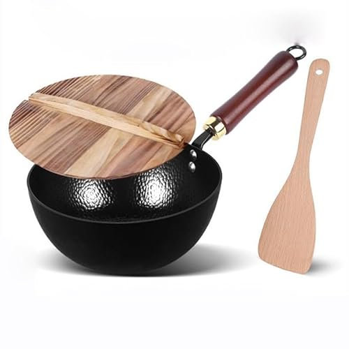 YYRHD-CZ Mini Wok, Sartén Antiadherente De Fondo Redondo Sin Revestimiento Tradicional, Estufa De Gas con Tapa Y Espátula De Madera, 20-28 Cm(Wooden Lid,24cm)