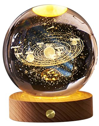 Bola de Cristal del Solar 3D, Batería Recargable, Luz Suave, Lámpara de Bola de Cristal Multifunción con Base de Madera, Luz Nocturna, Decoración de la Habitación para el Hogar