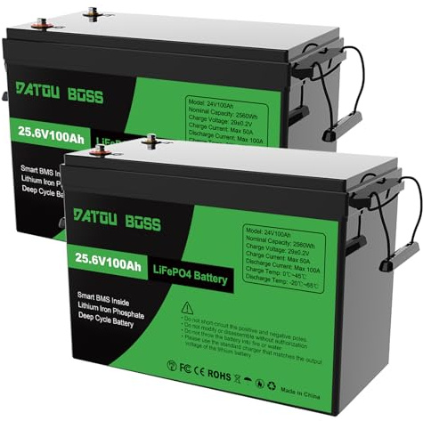 DATOUBOSS 2* Batería de Litio LiFePO4 de 24V 100Ah, BMS Integrado de 100A, Hasta 15 000 Ciclos Profundos, Salida Máxima de 2560Wh, Compatible con Conexión en Serie/Paralelo, para Camper, Sistema Solar