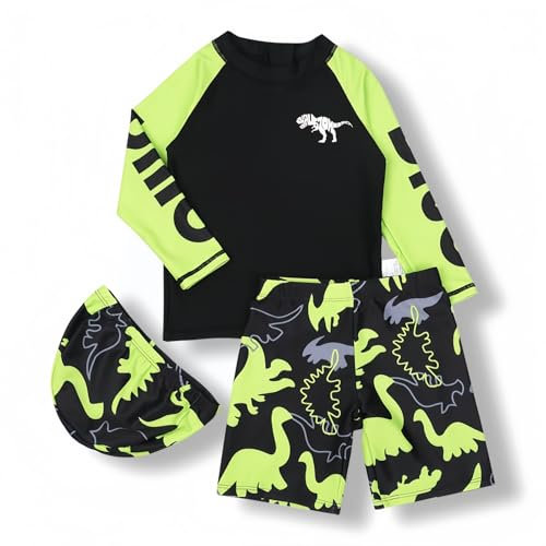 Garcon Traje de baño de 3 piezas camiseta de manga larga corto de baño gorro de baño infantil conjunto de natación surf piscina playa, verde, 10-11 años