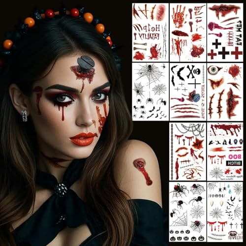 10 Blätt Halloween Tattoo Narben, Horror Kinder Erwachsene Gesichtstattoo, Horror Kostüm Karneval Schminke Accessoires, Fasching Zombie Hexe Vampir Damen Gruselig Teufel Gesicht Aufkleber, Spinnen
