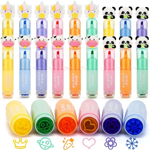 VICHOS Mitgebsel Kindergeburtstag 5 6 7 8 9 10 Jahre, 18 Stück Mini Stempelset Textmarker für Kinder, Kinderstempel als Gastgeschenk Kindergeburtstag & Give Aways Kindergeburtstag