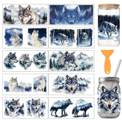 arricraft 10 Stück UV Transferpapier Zum Bedrucken von Tassen Mit Wolfsmotiv 10 Stile Aquarell Wolf Schneebedeckte Berge PVC DIY Wärmeübertragung Aufkleber Für 16 OZ Glas Tassen Handwerk 9.5x4.3 Zoll