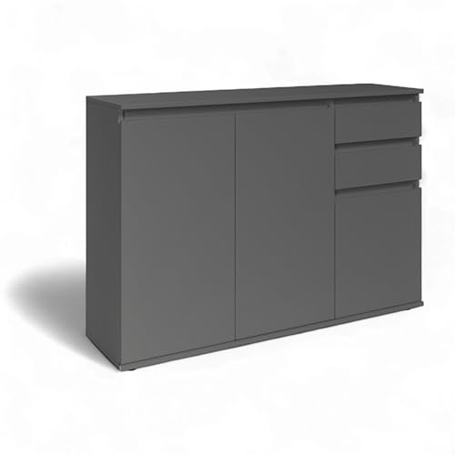 Brest Kommode in Anthrazit - Modernes Sideboard mit viel Stauraum - 119 x 84 x 35 cm (B/H/T) | Modernes Design mit Griffmulden, 3 Türen mit Einlegeboden, 2 Schubkästen und zusätzliche Ablagefläche oben