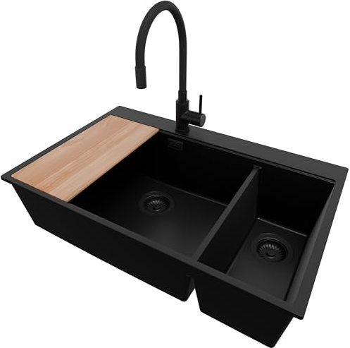 PRIMAGRAN Fregadero Granito al Mueble 80cm + Grifo, 78x50cm | Set: Grifo BW6020 + Kit de desagüe + Tabla de Cortar + Oslo Duo Top 2 Senos para Cocina, Todo Negro
