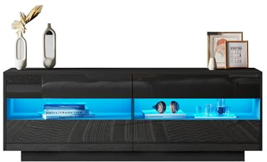 TV Stand Cabinet, 120cm Modern High Gloss Front TV Unit LED lights Black | Entertainment Unit Cupboard, 4 Drawers, 2 Open Shelves, Storage Furniture for Living Room Bedroom Office Home