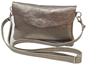 Generico Sac à bandoulière en cuir véritable laminé, design enveloppe avec fermeture à bouton, taupe, s