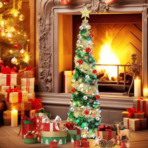 Árbol Navidad, 150cm Árbol Navidad Plegable Desplegable con Temporizador 5M 20 Bolas Navideñas ÁrbolNavidad con Lentejuelas Artificiales Decoración Navideña con Soporte Plegable Y Reutilizable (A)