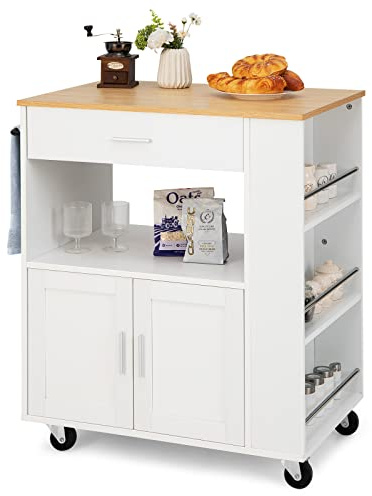 COSTWAY Köksvagn på hjul, serveringsvagn med bänkskiva och låda och handdukshållare & 3 kryddhyllor, köksö, trä, köksskåp, rullbar, för kök, matsal och bar (vit)