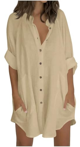 Camisetas de manga 3/4 para mujer, camisas de línea larga, casuales, sueltas, con botones, cuello de pie y bolsillo, blusa ligera de algodón y lino de verano, vestidos de playa, tops de talla grande