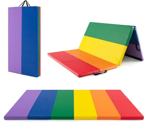 GOPLUS Tapis de Gymnastique Pliable Epais 3 Plis, 180 x 120 x 4 cm, Tapis de Gym en Cuir avec Attache Auto-agrippante, Matelas de Gym avec Poignée de Transport, pour Etirements, Yoga, Arts Martiaux