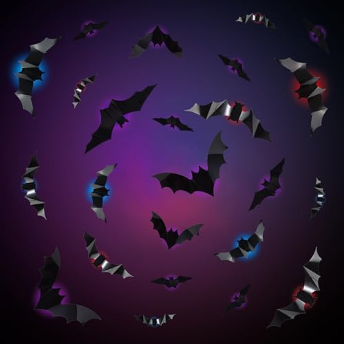 24 Stück LED Lila Fledermaus Deko - 3D Wandaufkleber Halloween Deko für Outdoor & Innenbereich, Batteriebetriebene Fledermaus Aufkleber für Fenster, Wände und Garten, Partydekoration mit Dauerlicht