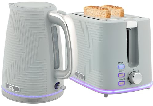 HOMCOM Kettle and Toaster Set, 1.7L 3000W Rapid Boil Jug Kettle with Otter Thermostat, Limescale Filter, 2 Slice Toaster with 7 Browning Controls, Crumb Tray, Grey