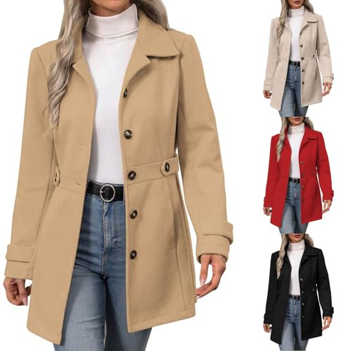 Manteau Femme en Laine Hiver Chaud Chic Mi-Long Trench Veste d'hiver pour Femmes élégante à Revers Manteau en Laine Longueur Moyenne Veste Mi-Saison Femmes Automne Blouson Vetement Coupe-Vent