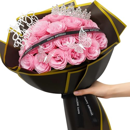 MEIVINES 24PCS Glitter Roses Bouquet Artificial Pink Flowers Bouquet DIY Fake Glitter Roses Bouquets with Crown Card 3D Butterfly Sparkly Rose for Anniversary, Birthday, for Her