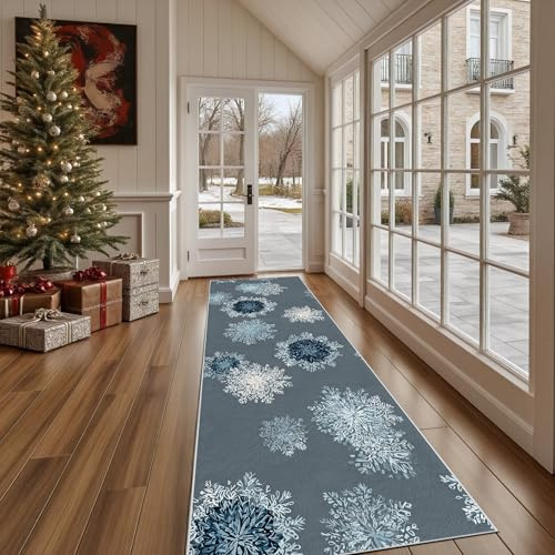Dppyuxa Küchenläufer Winter Schnee Waschbar und rutschfest Landschaft Schneelandschaft Teppich Läufer für Küche und Flur Geometrie Stern Küchenteppich Maschinenwaschbar Schmutzabweisend 60x120 cm
