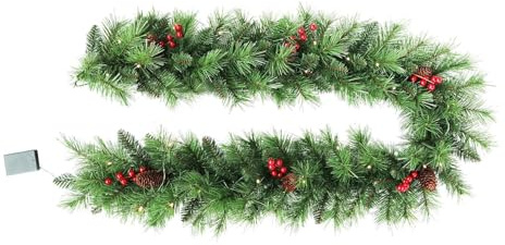 ERYUE Julgirland med LED-snöreljus Batteridrivna Konstgjorda Tallkottar Bärklasar 6FT Dekor för Ytterdörrens Väggfest i Söt Stil Grön PVC