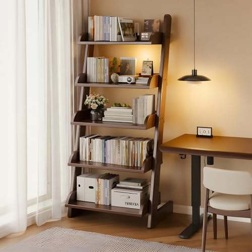 JFOZDM WOOOFA 5 Ripiani Scaffale a Scala, Libreria in Legno, Libreria Scaffale per Piante in Vaso, CD, Libri e Vino, Librerias da Terra per Soggiorno, Camera da Letto, Ufficio, Facile da Montare