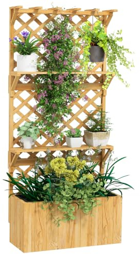 Outsunny 52L Wooden Planter with Trellis, Hanging Roof, Natural | Garden, Hanging Roof, Shelves, Drainage Holes, Bed Liner, Outdoor Planter Box, Climbing Plants Vegetables Flowers