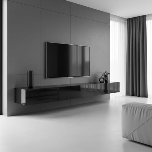 InnoFurn Lowboard Lia, hängendes Tv-Board, Moderner Fernsehschrank 330 cm lang Fernsehtisch 2er Set, Schwarz matt/Schwarz Hochglanz (38,5 x 330 x 30 cm)